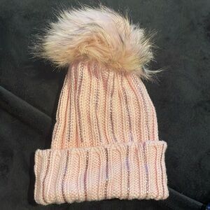 Catya cable knit wool girls hat with real fur pom pom
